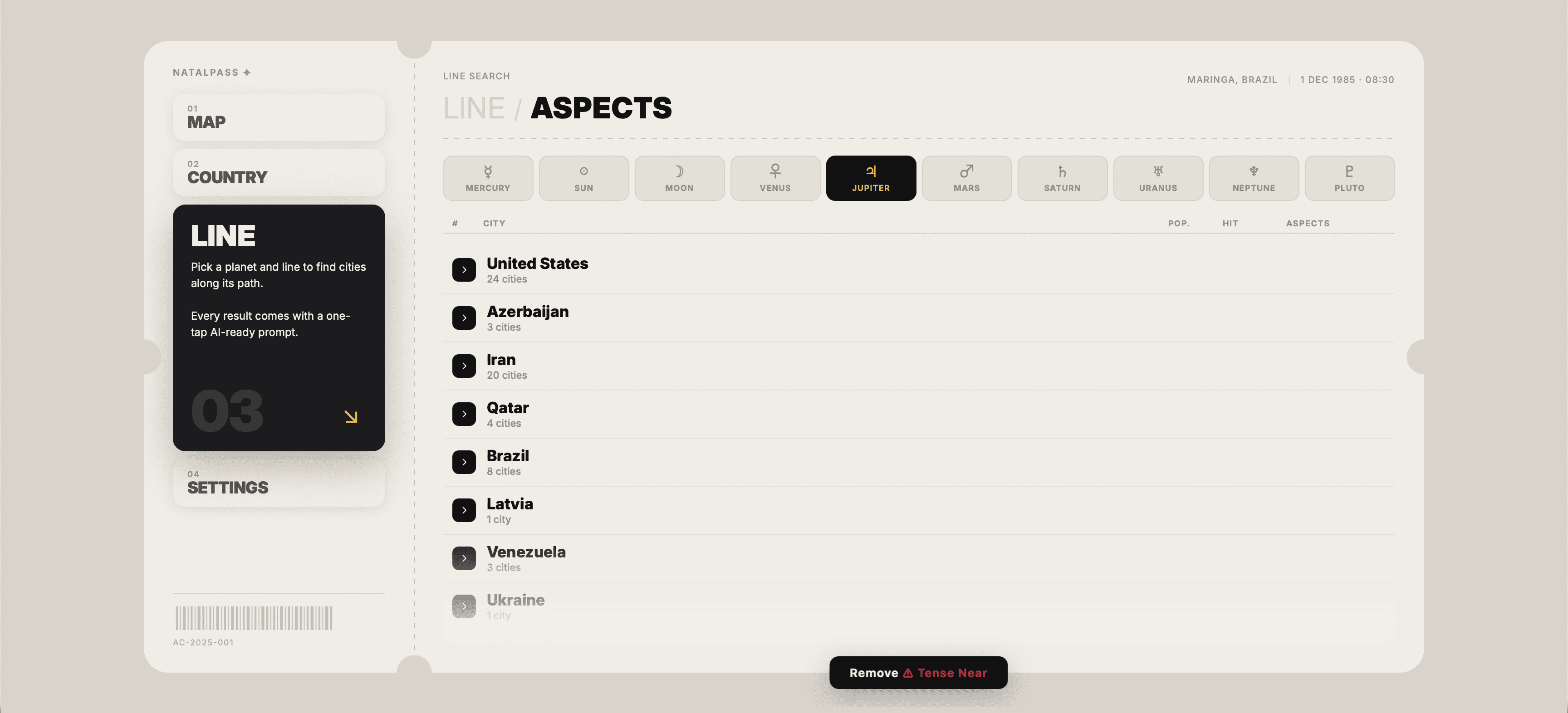 NatalPass aspect search for Jupiter with the remove tense aspects filter available