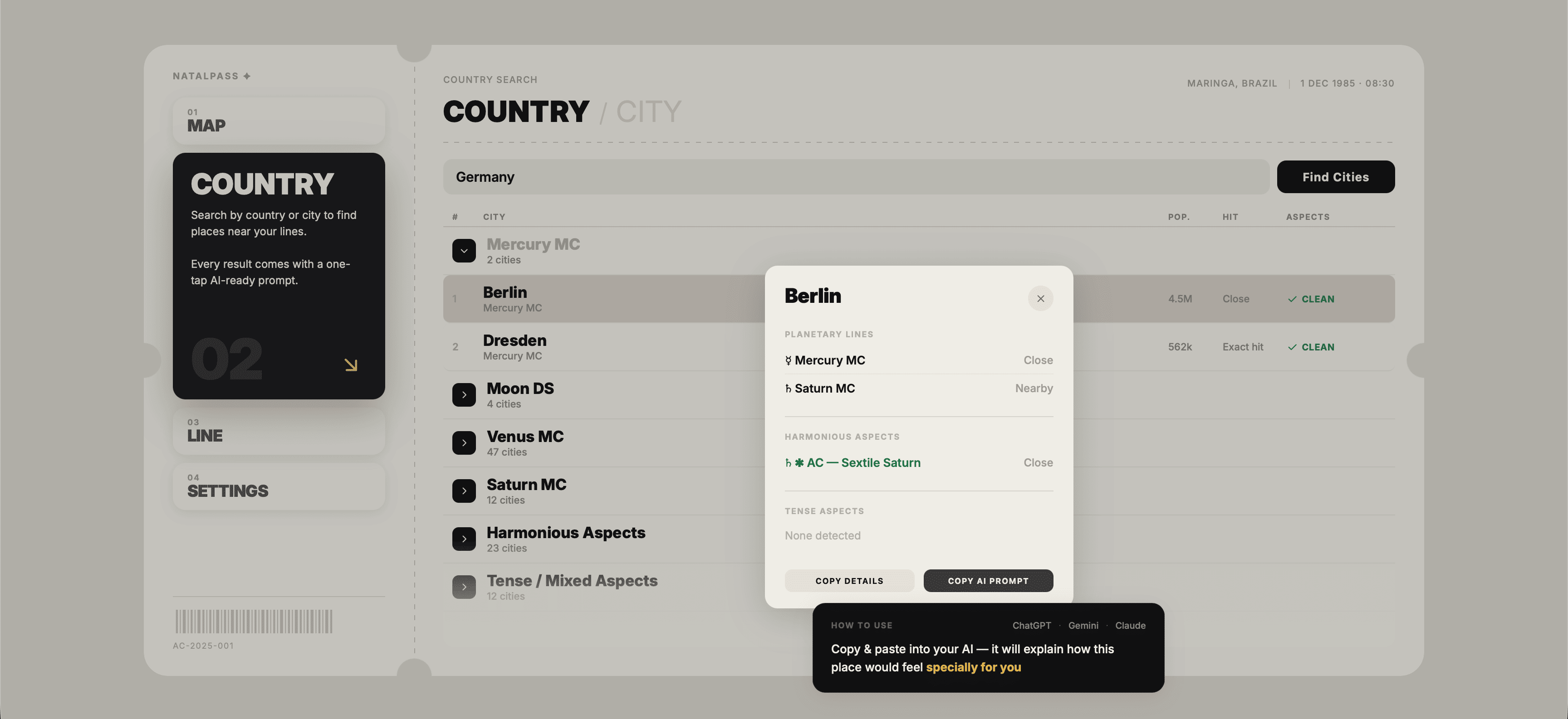NatalPass country search for Germany showing Berlin's city card with Mercury MC, Saturn MC, and a harmonious aspect