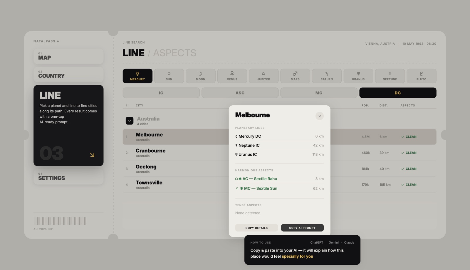 NatalPass city card showing planetary lines and aspects with a one-tap AI-ready prompt