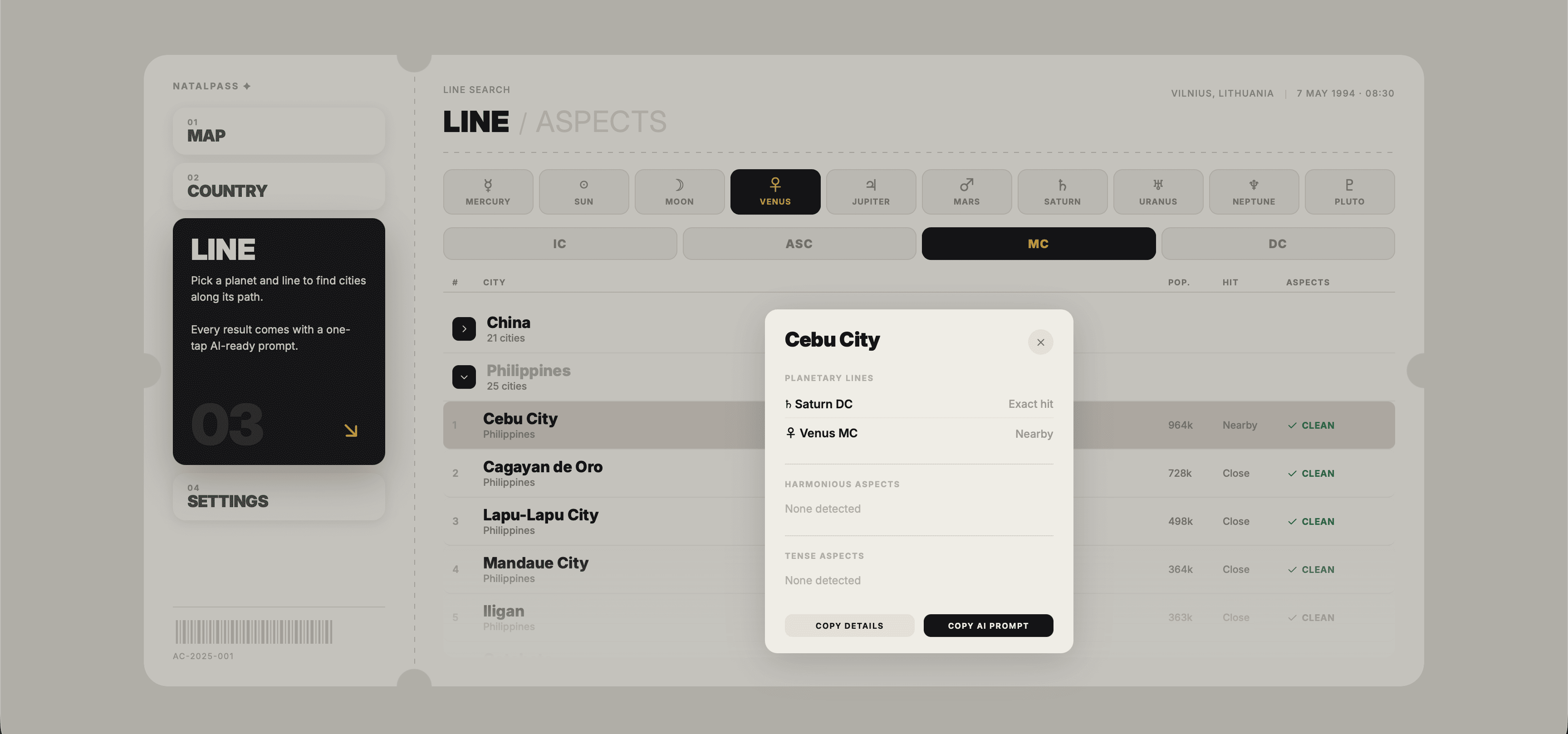 NatalPass city card for Cebu City showing a Venus MC line, aspect readings, and a one-tap AI-ready prompt button