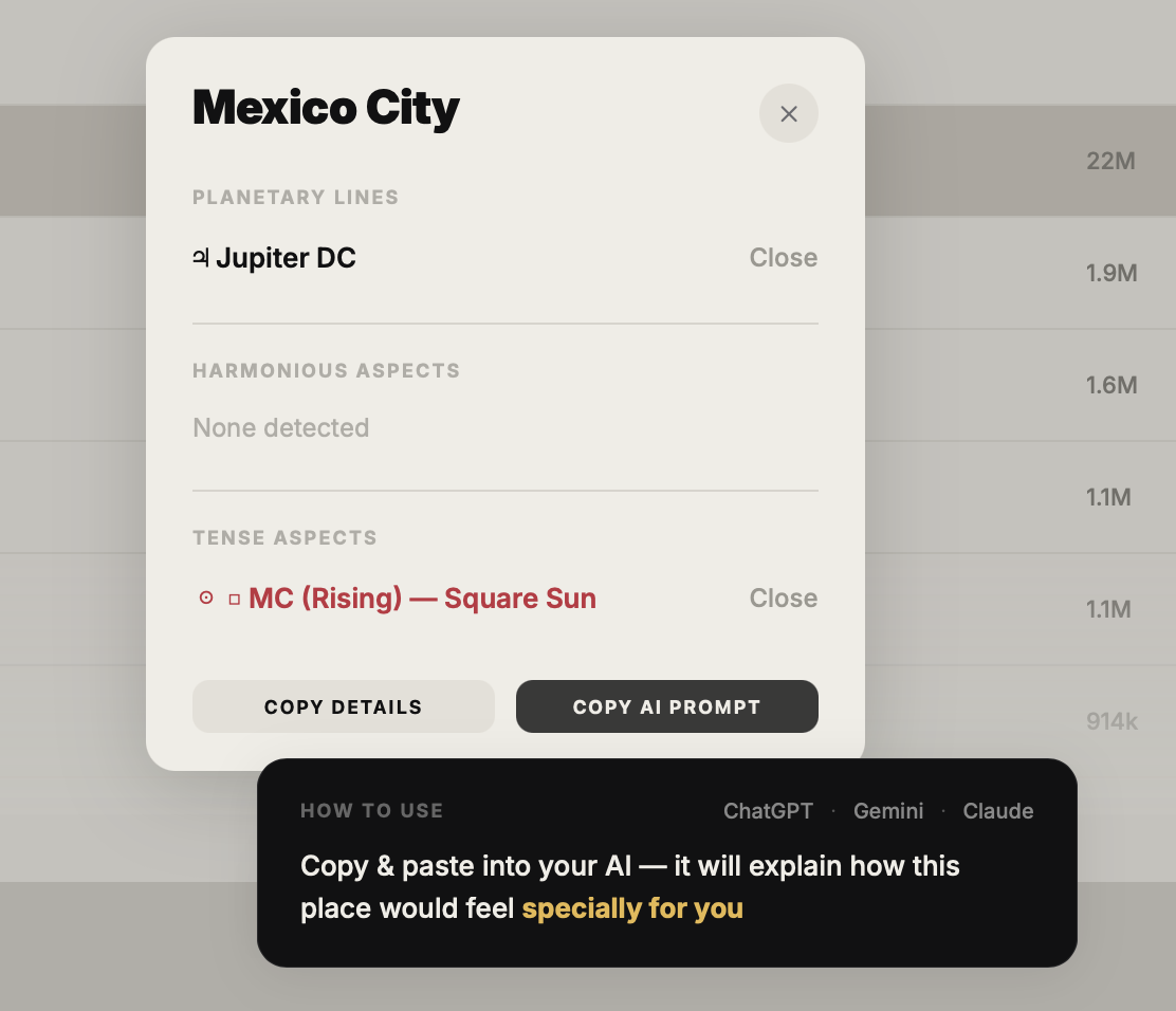 Close-up of the NatalPass Copy AI Prompt button for a Jupiter DC hit on Mexico City, with a tip to paste it into ChatGPT, Gemini, or Claude