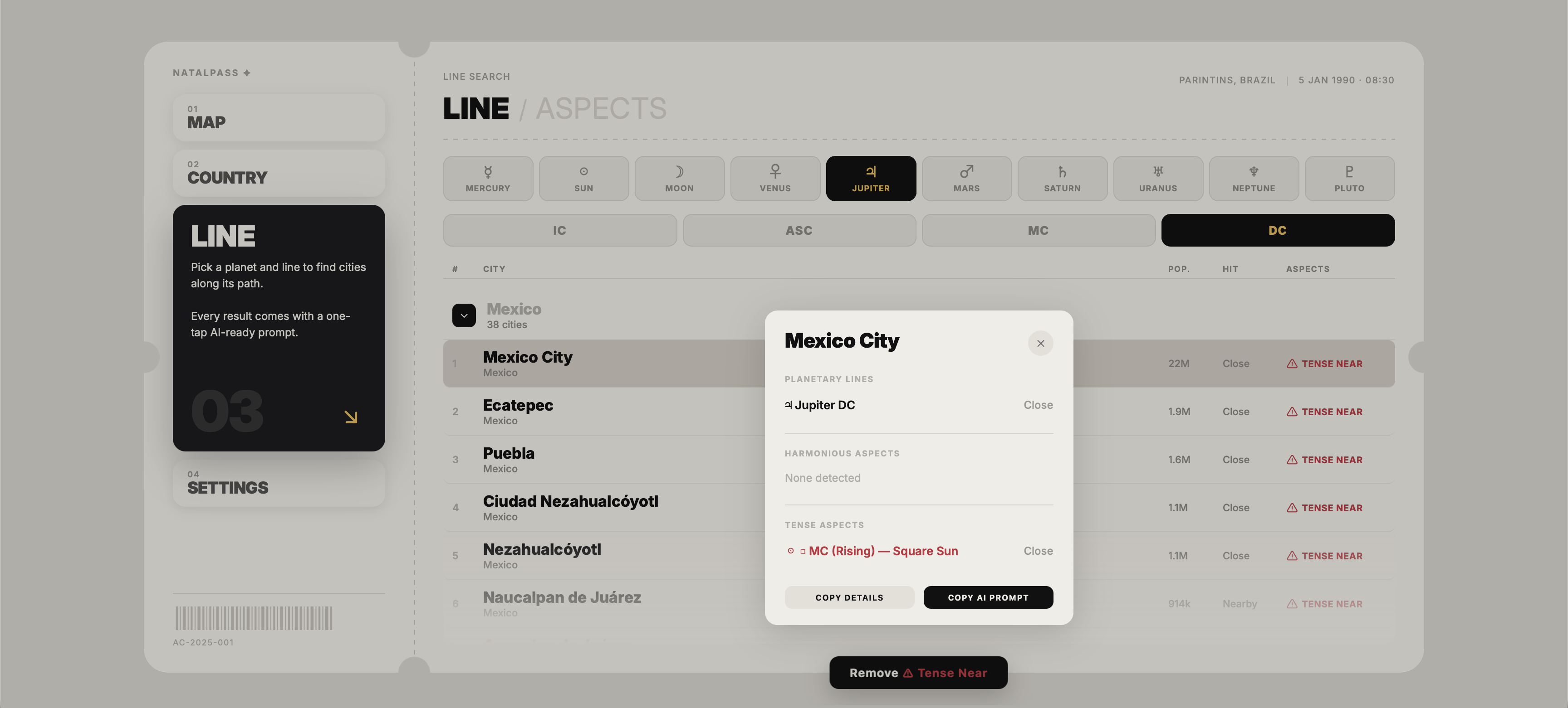 NatalPass city card for Mexico City showing a Jupiter DC line with a tense aspect nearby