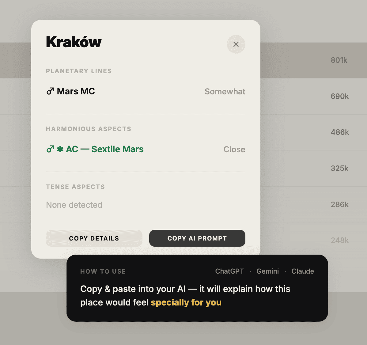 Close-up of the NatalPass Copy AI Prompt button for a Mars MC hit on Kraków, with a tip to paste it into ChatGPT, Gemini, or Claude