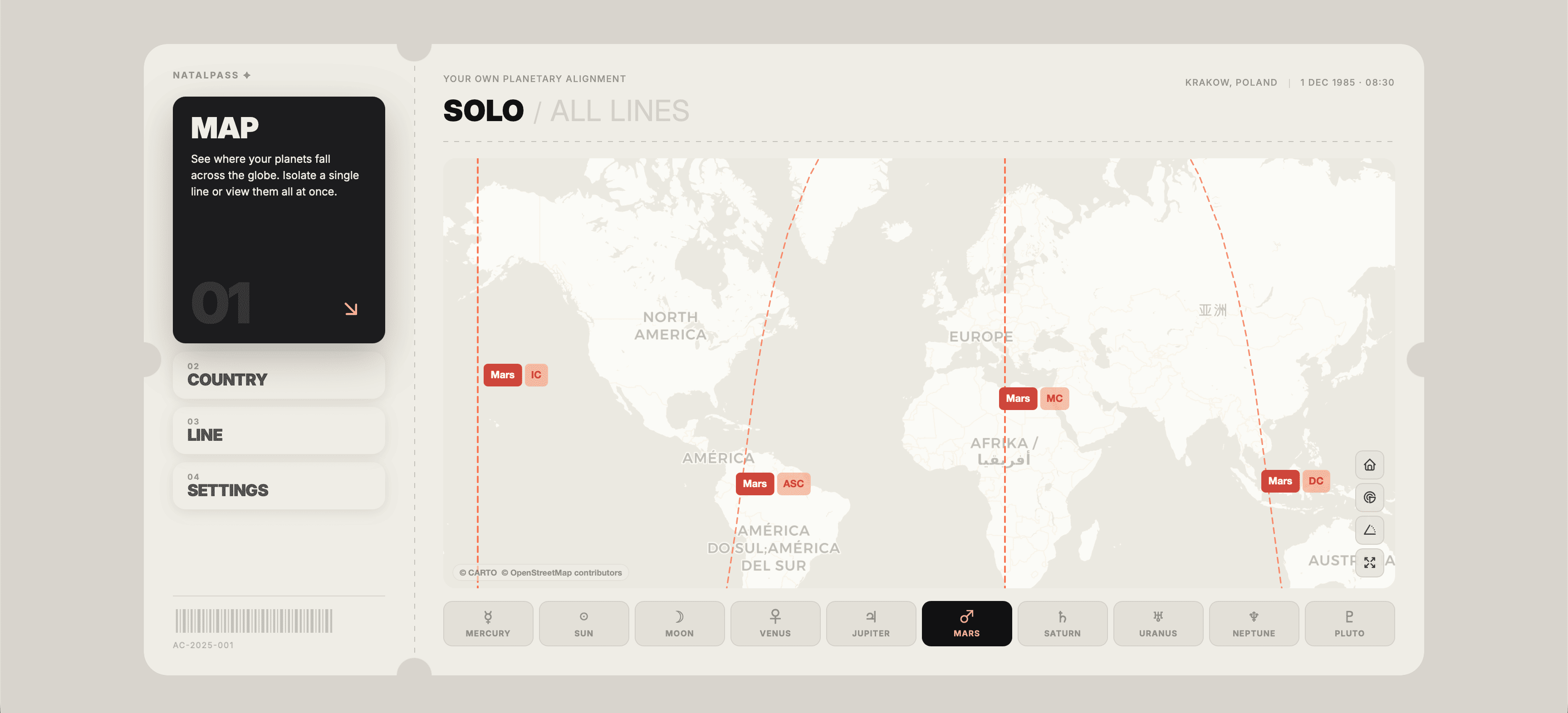 NatalPass map showing Mars ASC, MC, DC, and IC lines crossing the world