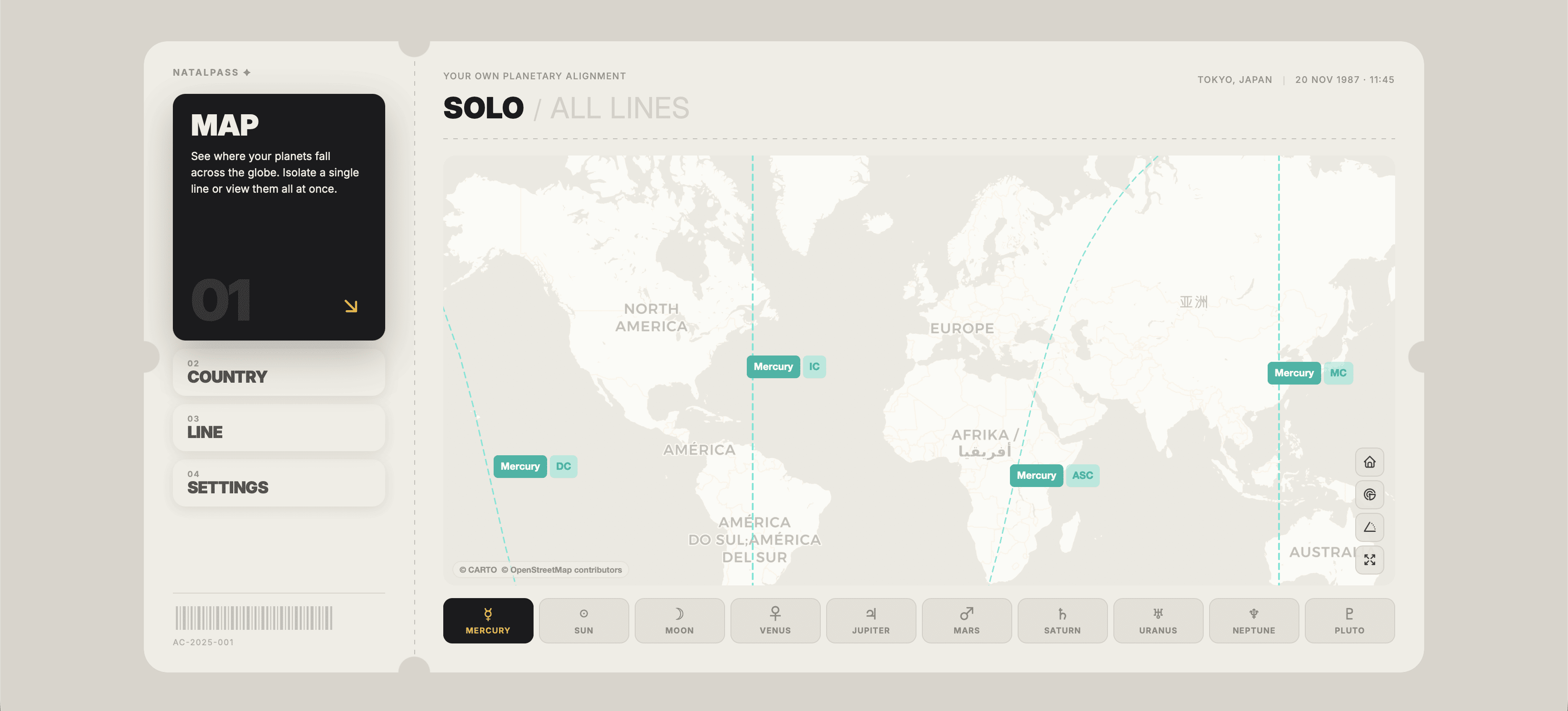 NatalPass map showing Mercury ASC, MC, DC, and IC lines crossing the world