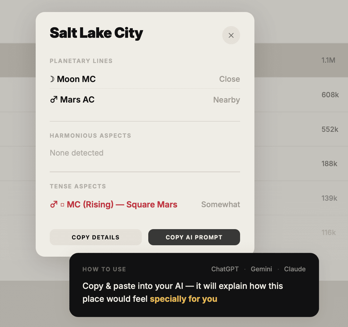 Close-up of the NatalPass Copy AI Prompt button for a Moon MC hit on Salt Lake City, with a tip to paste it into ChatGPT, Gemini, or Claude