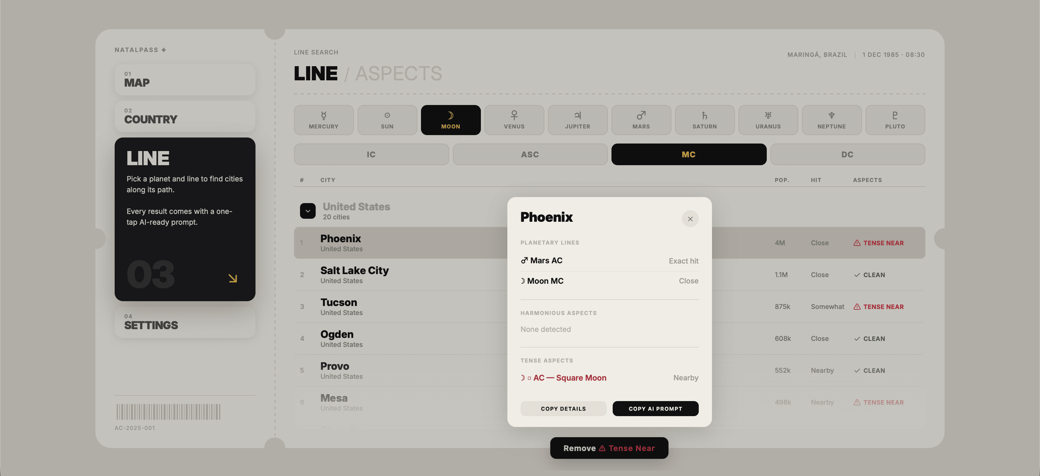 NatalPass city card for Phoenix showing a Moon MC line with a tense aspect nearby