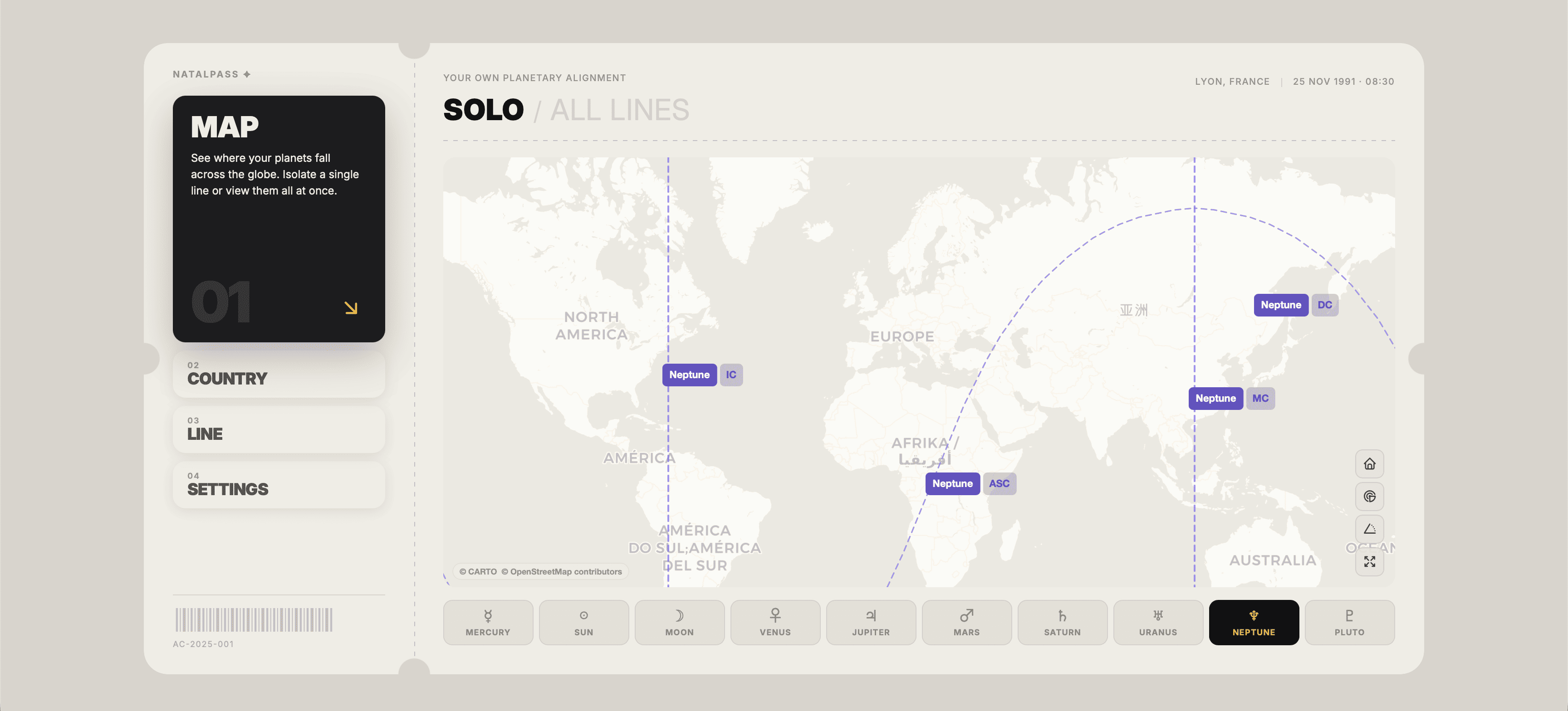 NatalPass map showing Neptune ASC, MC, DC, and IC lines crossing the world