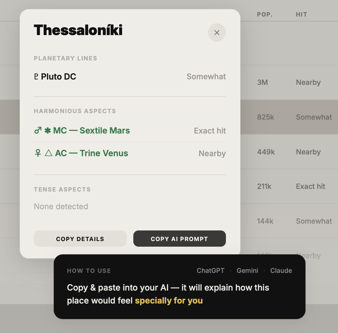 Close-up of the NatalPass Copy AI Prompt button with a tip to paste it into ChatGPT, Gemini, or Claude