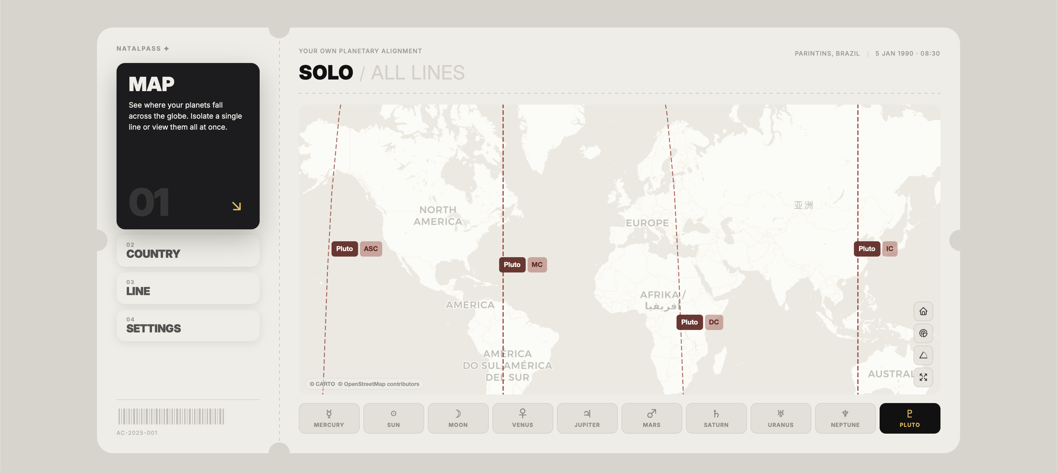 NatalPass map showing Pluto ASC, MC, DC, and IC lines crossing the world