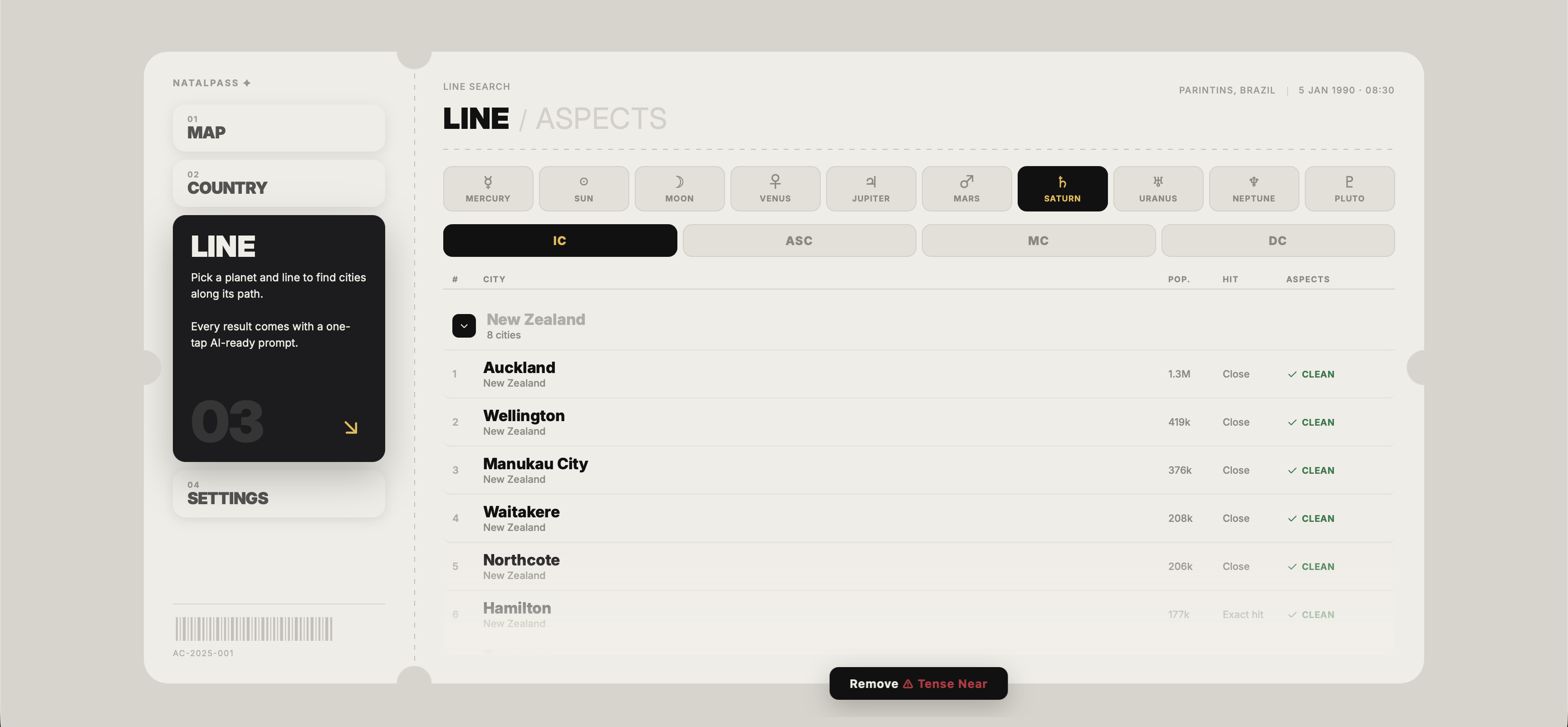 NatalPass list of cities along a Saturn IC line in New Zealand