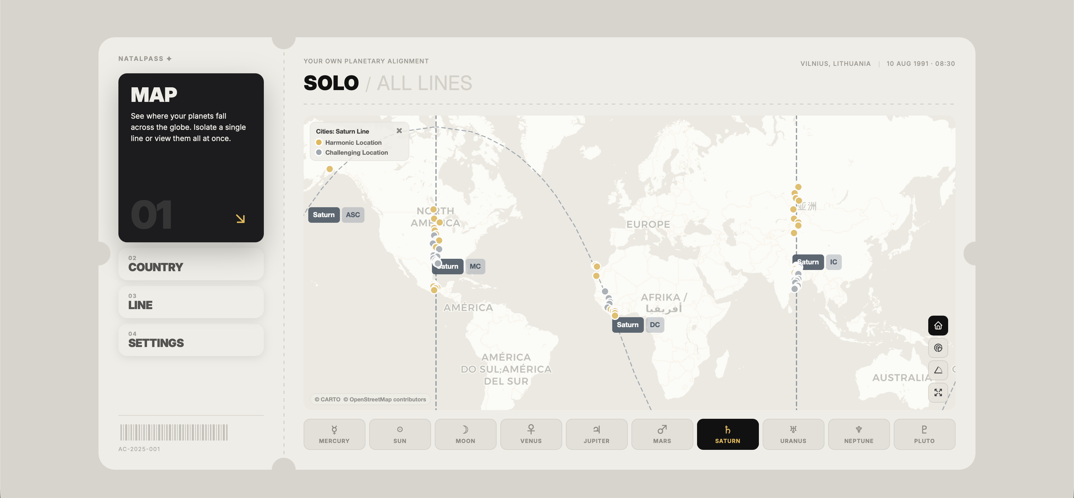 NatalPass map showing Saturn ASC, MC, DC, and IC lines crossing the world