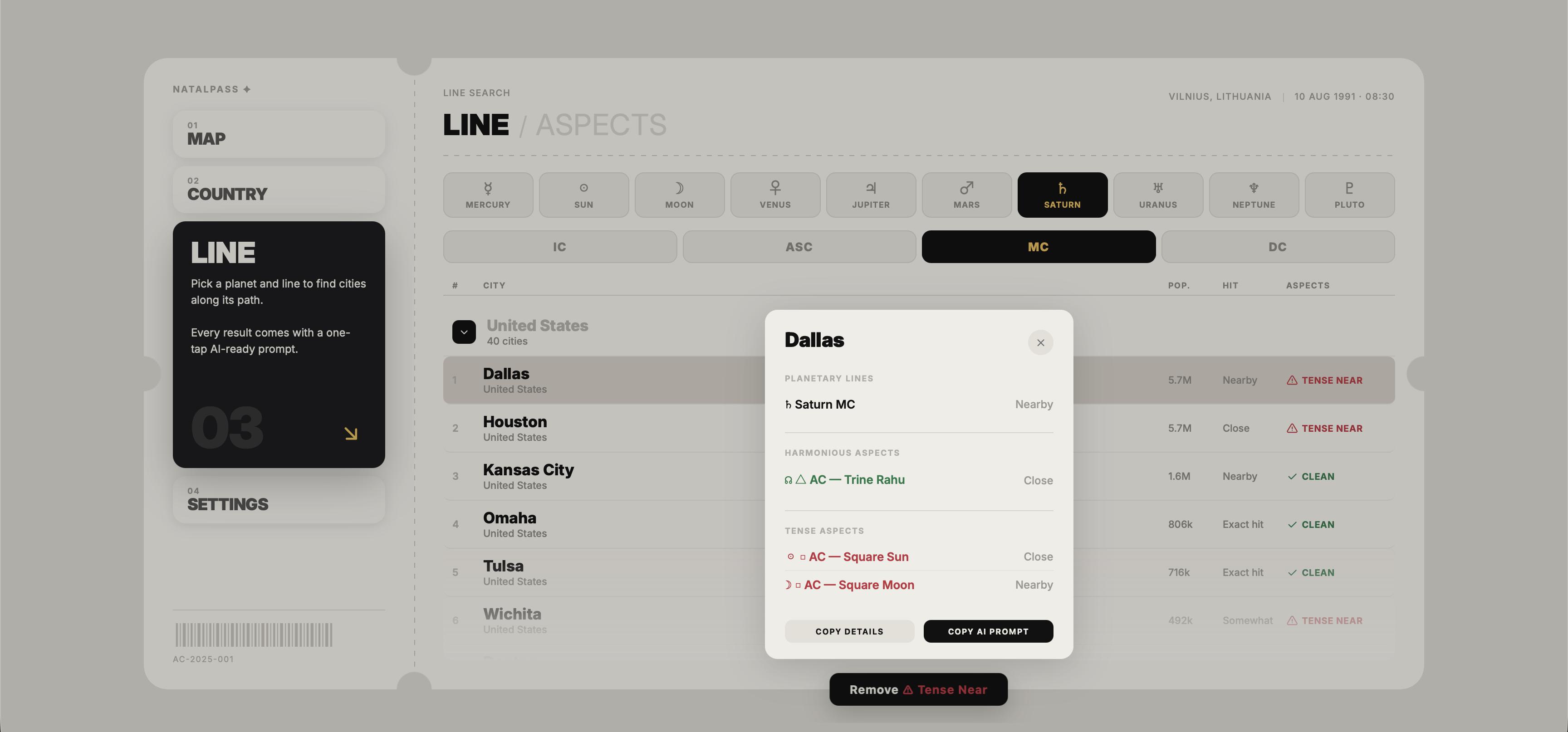 NatalPass city card for Dallas showing a Saturn MC line with nearby tense aspects