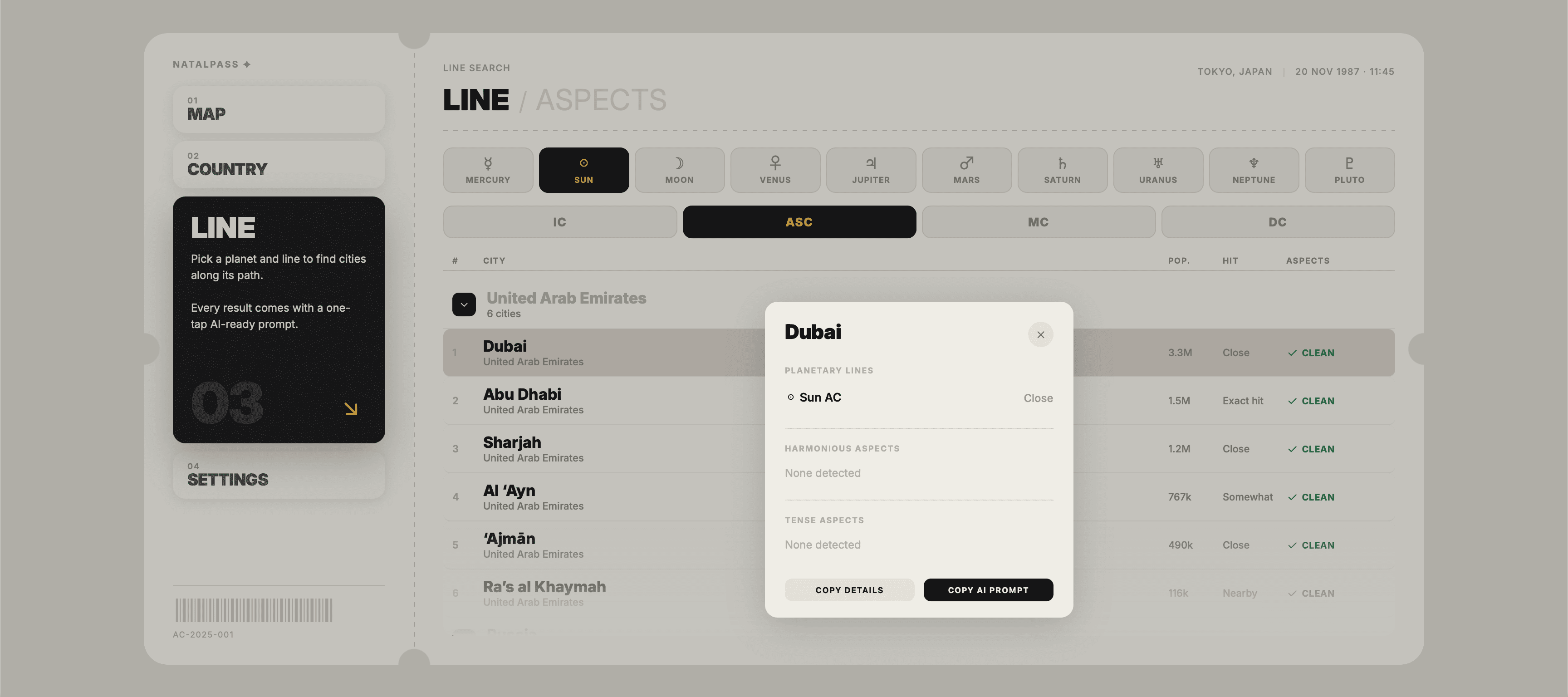 NatalPass city card for Dubai showing a Sun ASC line, clean with no tense aspects