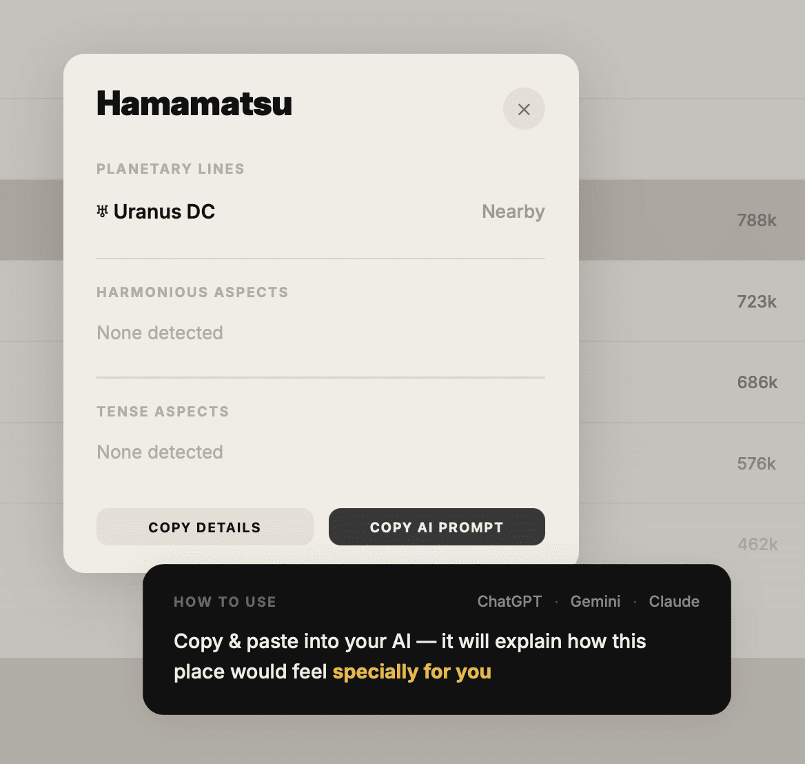Close-up of the NatalPass Copy AI Prompt button for a Uranus DC hit on Hamamatsu, with a tip to paste it into ChatGPT, Gemini, or Claude