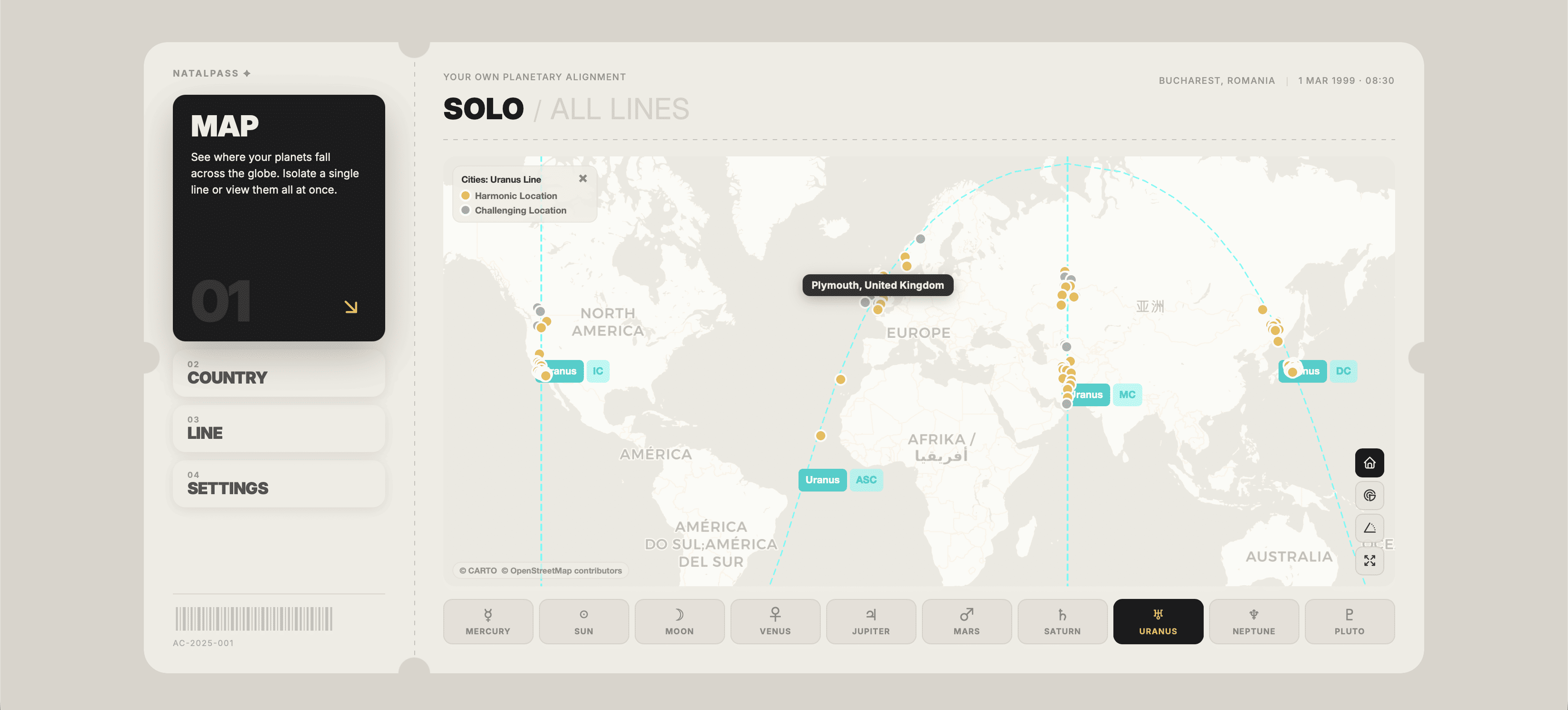 NatalPass map showing Uranus ASC, MC, DC, and IC lines crossing the world