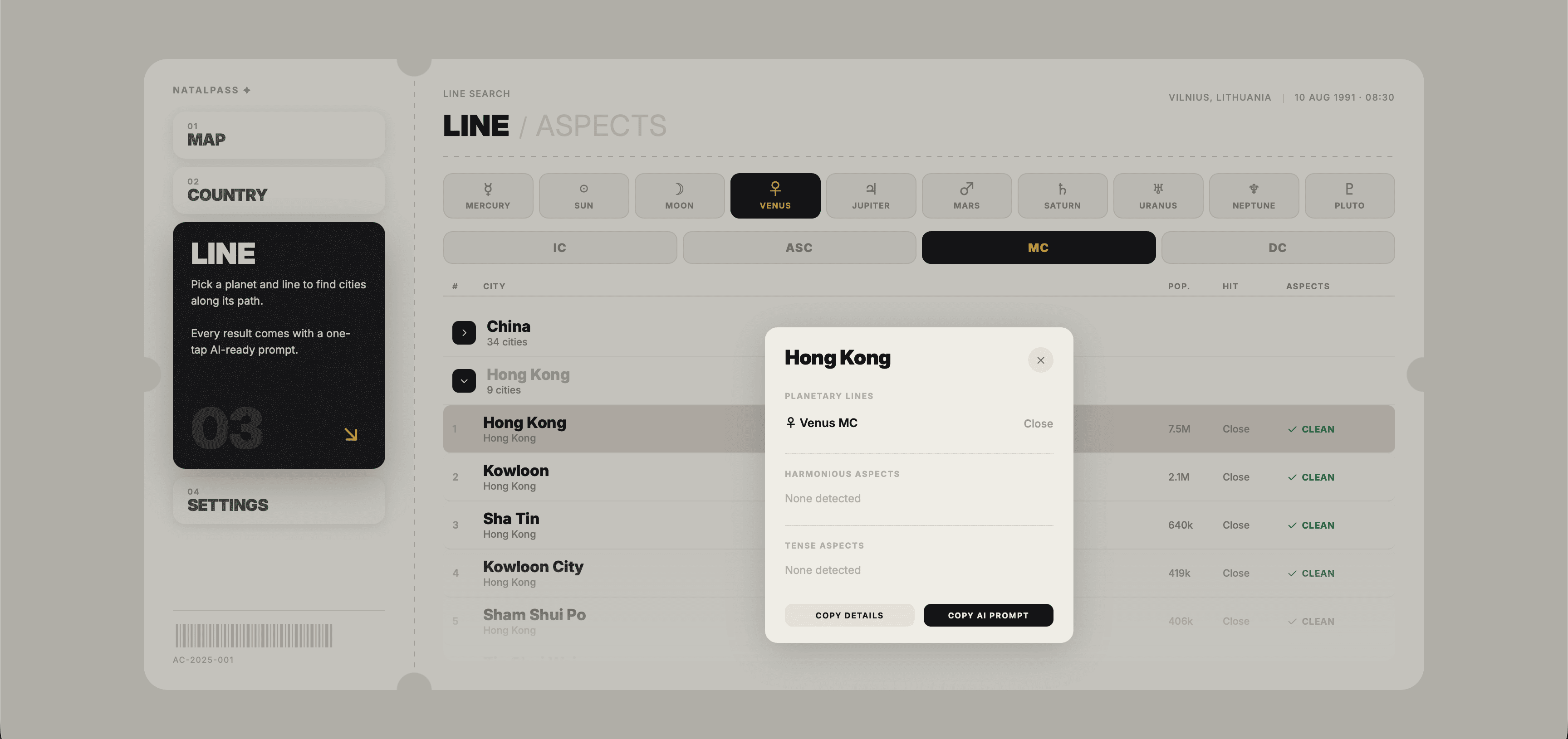 NatalPass city card for Hong Kong showing a Venus MC line and a one-tap Copy AI Prompt button